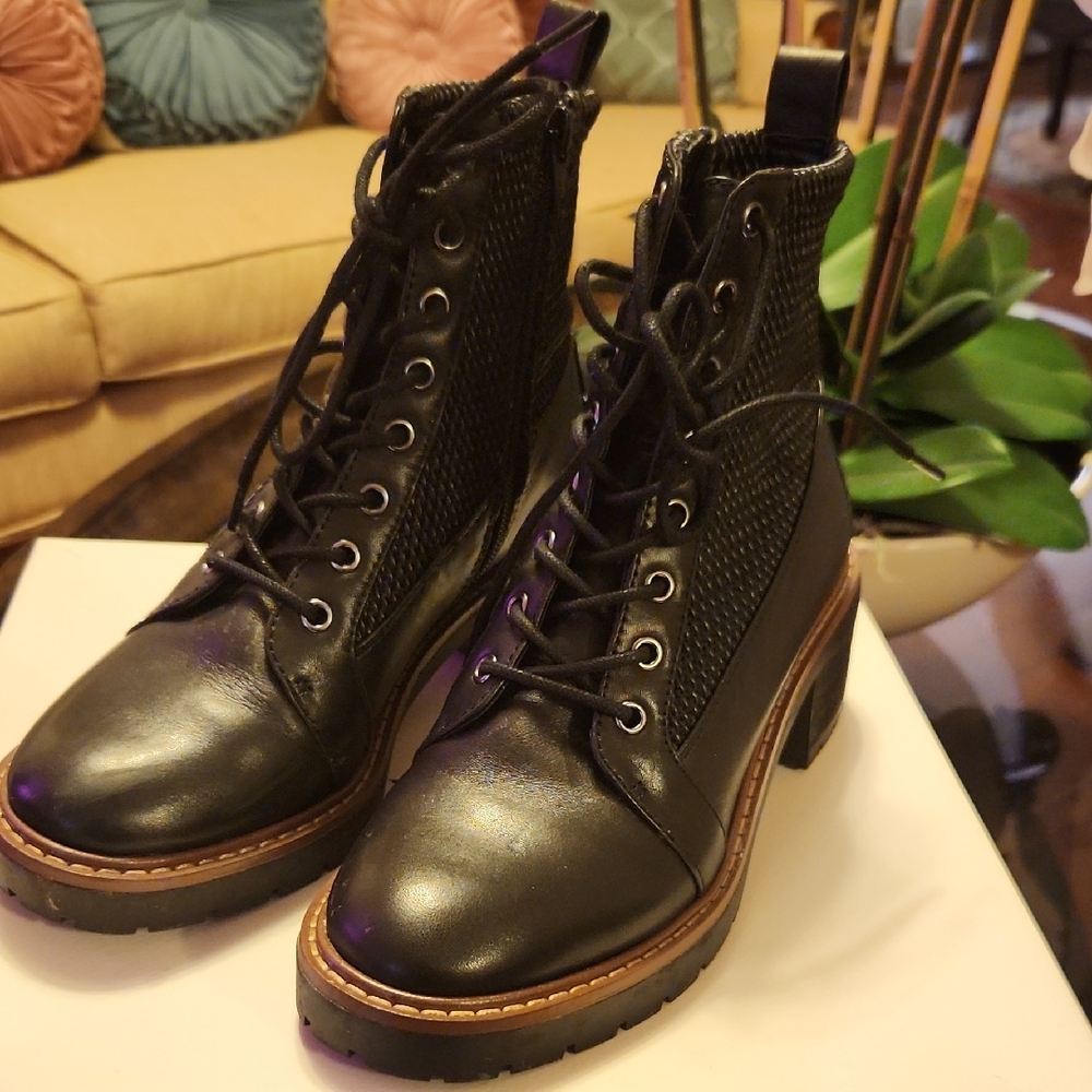 Alex Marie Black Leather Combat Boots with Sturdy Sole